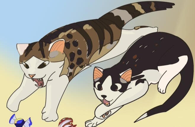 digital cartoony tabby and tuxedo cats chasing candy wrappers